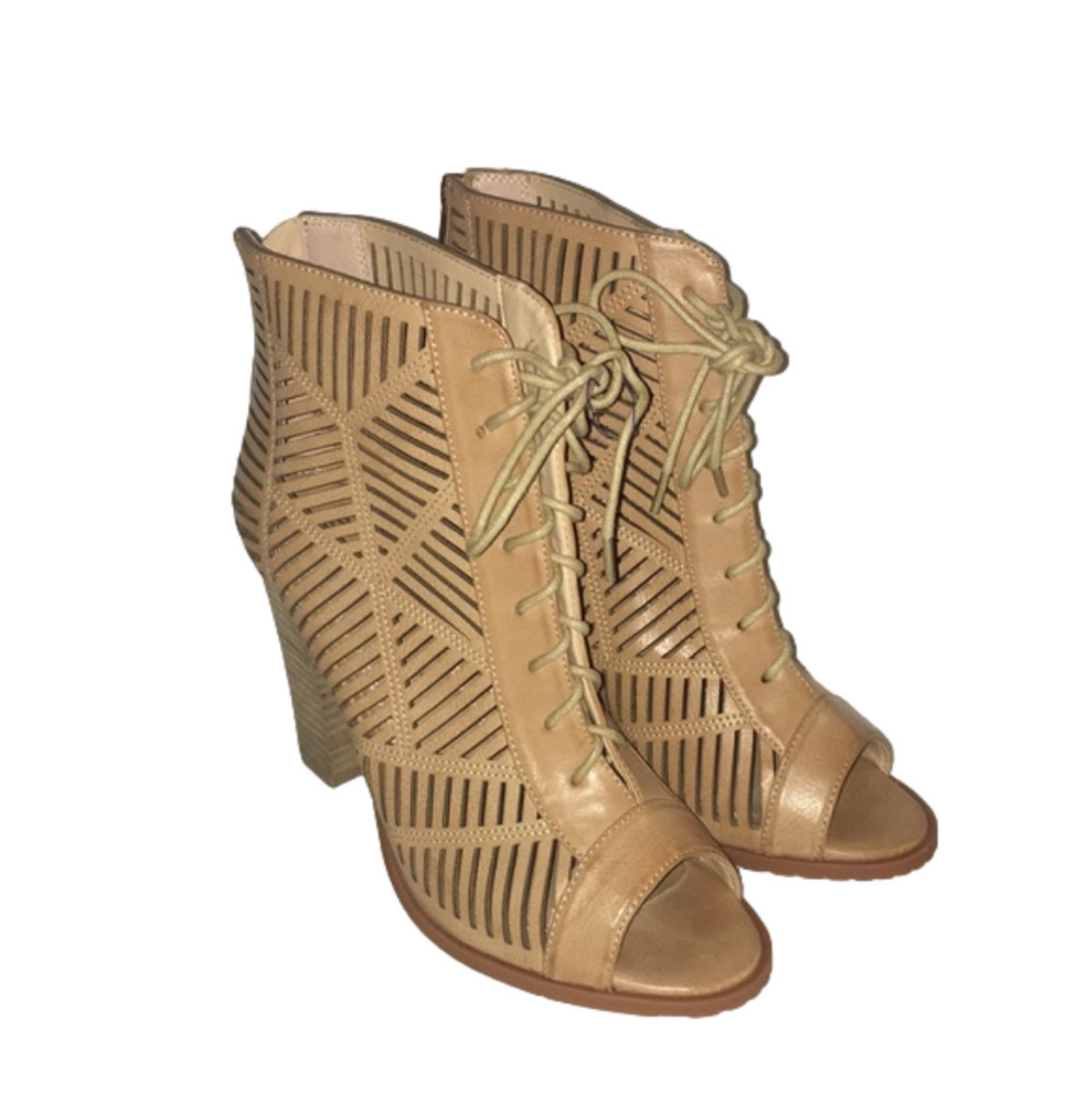 Chelsea Moreland Tan Cage Peep Toe Lace Up Faux Leather Heels